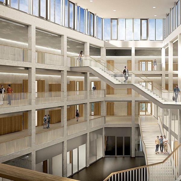 Perspective avec vue intérieure des trois étages du Collège des Rives