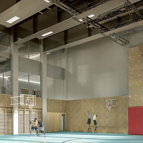 Perspective de de la salle de sport illustrant la hauteur de la salle avec une baie vitrée sur plusieurs étages