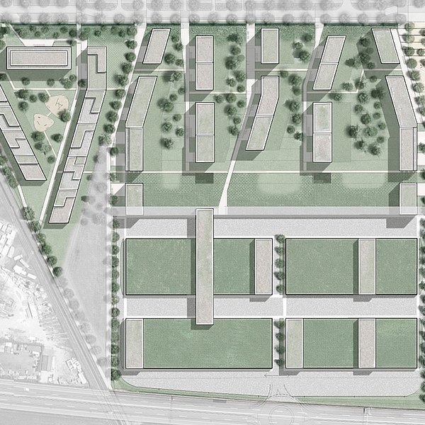 Illustration avec vue aérienne du futur Plan de quartier Aux Parties avec les habitations et végétation 