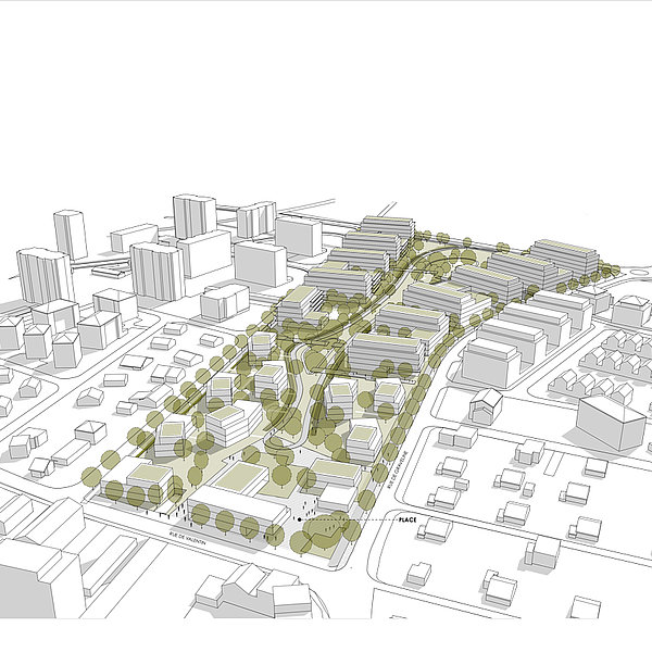 © Perspectives : Archilab – Gabriele Rossi SA – Vue perspective depuis la plaine du Plan de quartier les Roseyres