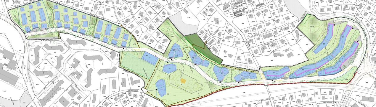 Bannière illustrative du futur Plan de quartier Coteaux-Est sous forme de carte avec emplacement des bâtiments sous forme d'îlot
