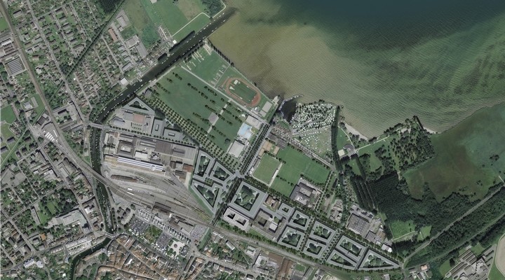 Vue aérienne du site Gare-Lac d'Yverdon-les-Bains