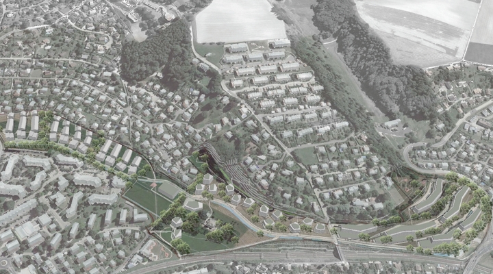 Perspective du futur Plan de quartier Coteaux-Est avec emplacement des bâtiments sous forme d'îlot