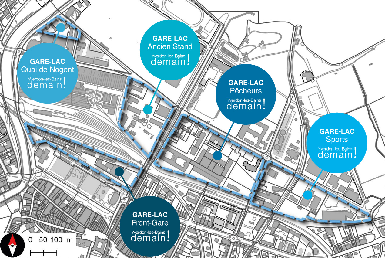 Carte illustrant le périmètre des différents Plans de quartiers pour le projet Gare-Lac